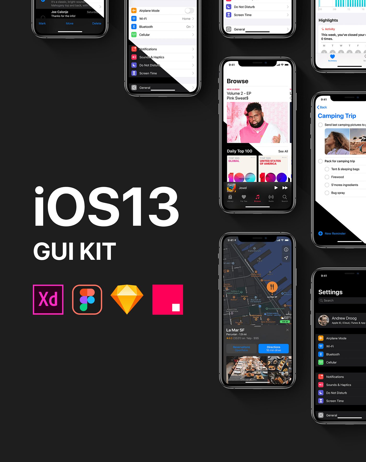 iOS 13 GUI Kit Free Adobe XD, Figma, Sketch и Invision Studio