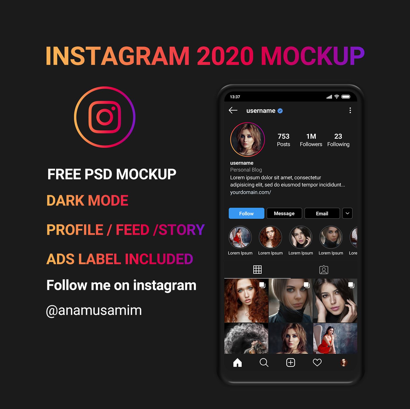 Free Instagram mockup 2020 dark PSD